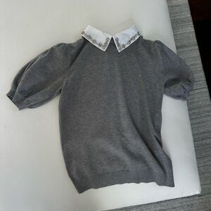 Grey work sweater with crystal beaded collar